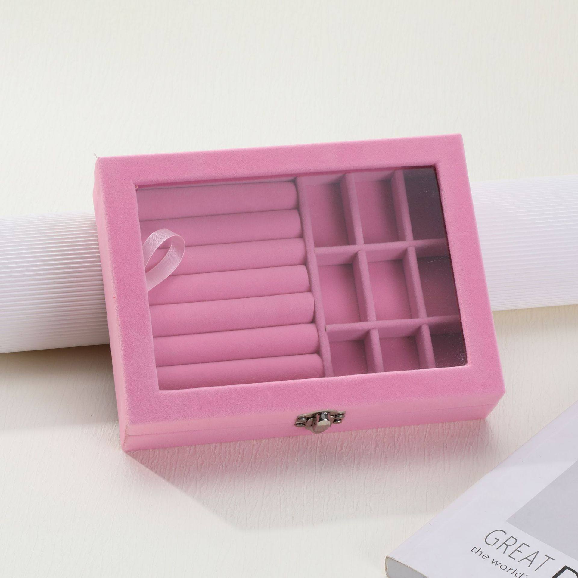 Exquisite flannel jewelry storage box earrings earrings eardrop compartment dustproof storage box portable transparent ring box