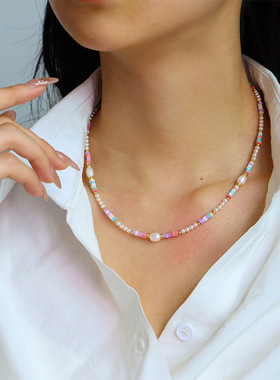 理想的湖。原创轻奢多巴胺淡水珍珠串珠项链百搭简约小众气锁骨链