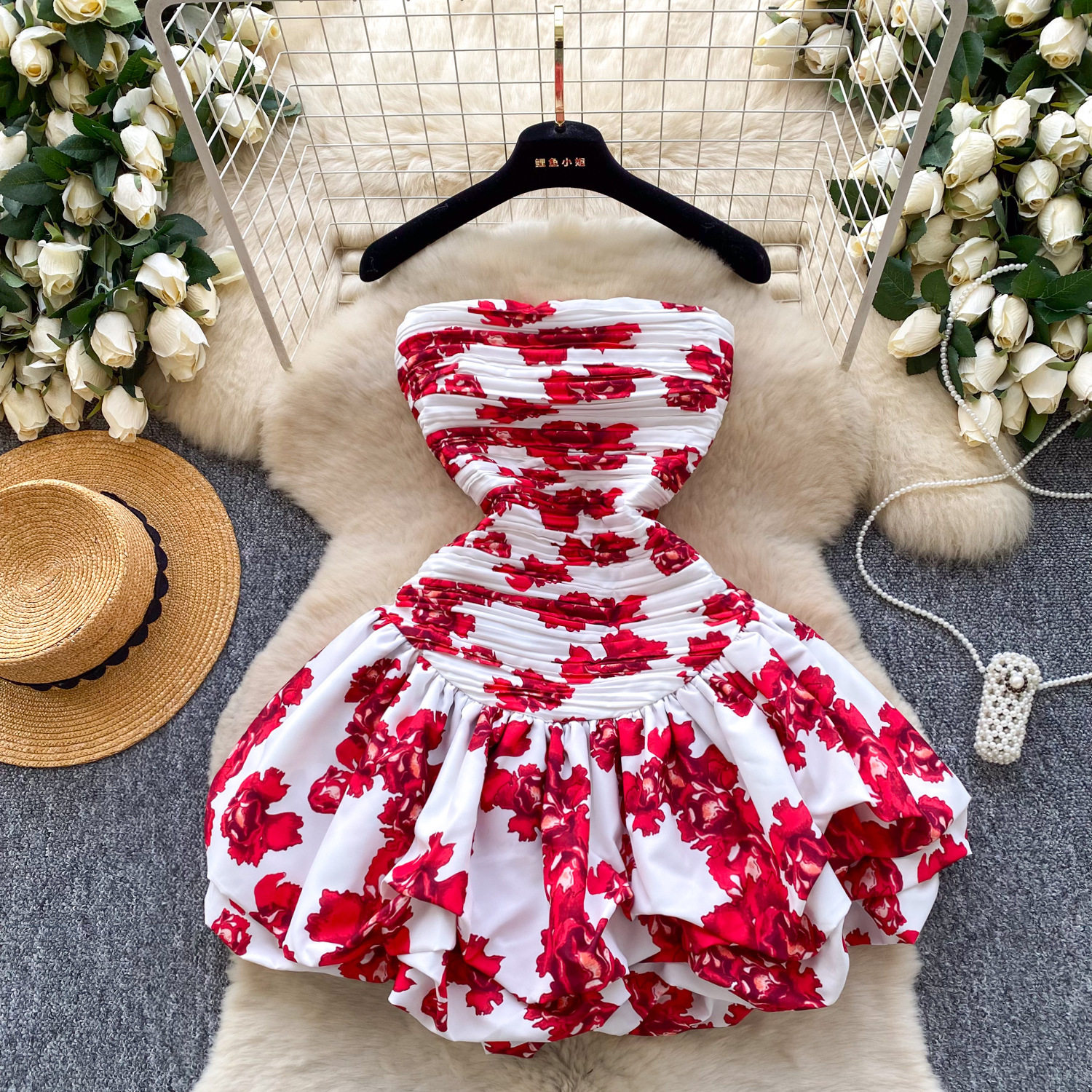 Off Shoulder Ruffle Hem Mini Dress French Vacation Style Pleated Elastic Fabric Unique Design Perfect for Summer