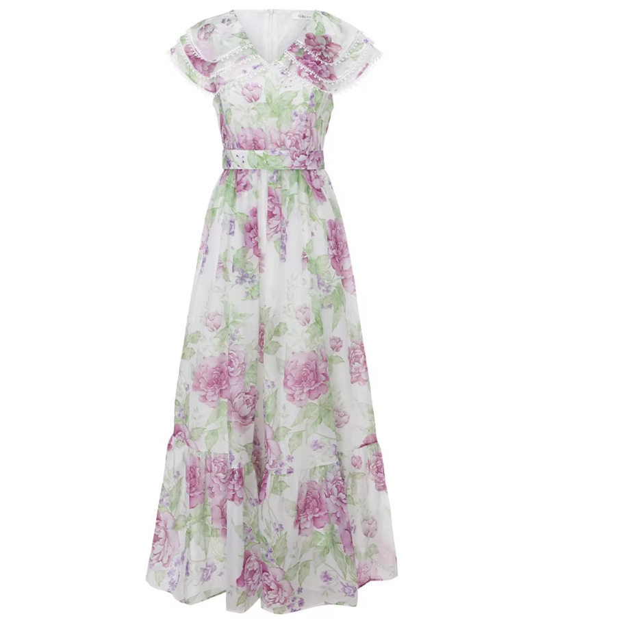 Vintage Floral Print Doll Collar Dress for Women Sweet Double Layer Lace Trim Ruffled Hem Waist Defined Spring and