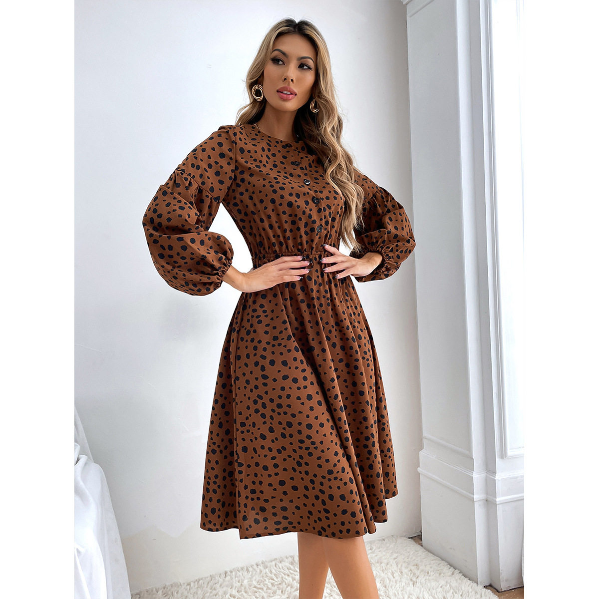 Leopard Print Floral Midi Dress Waist Defining Trendy Design Suitable for Casual Outings Wholesale Available