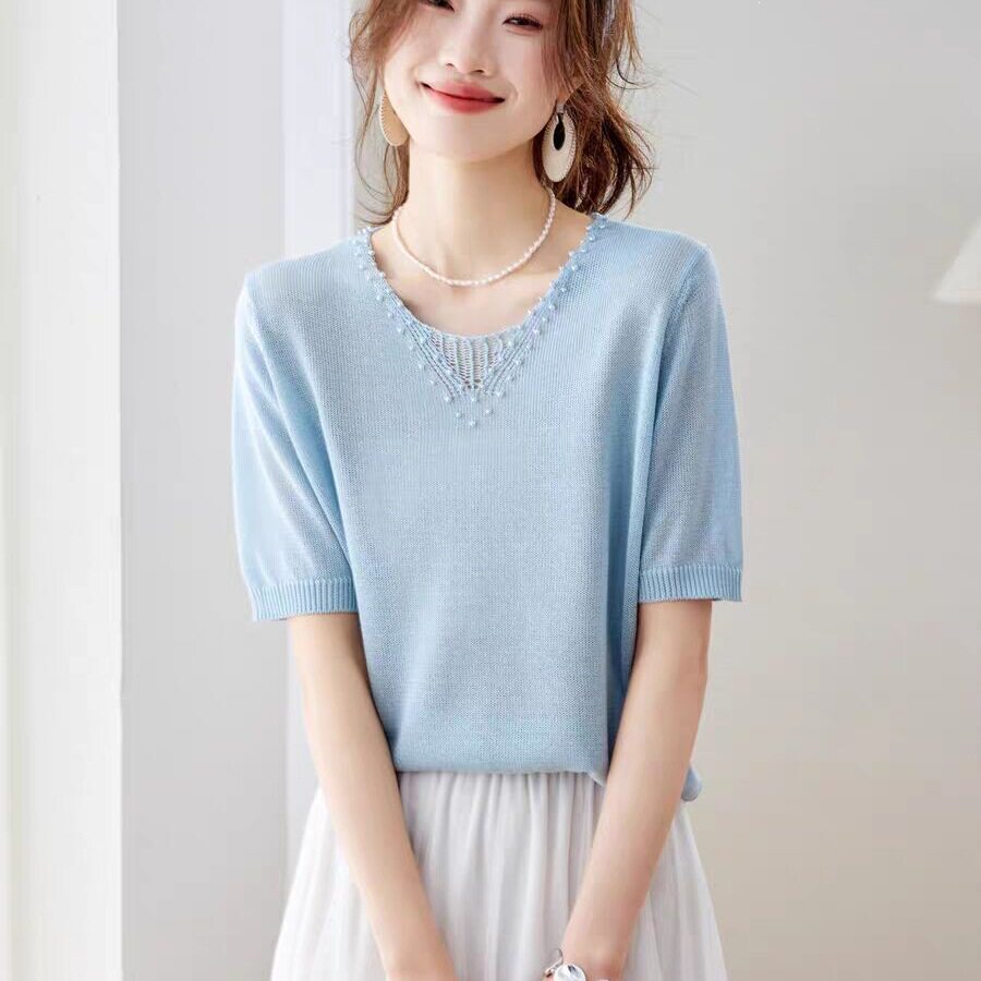 Super nice beaded v-neck short-sleeved t-shirt for women 202...
