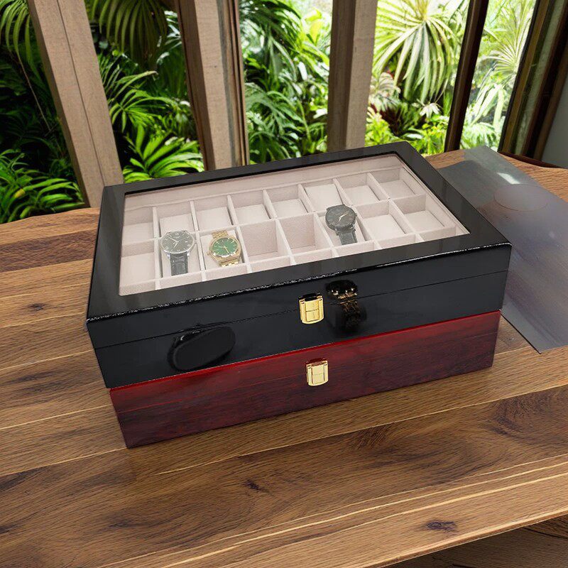 Guangdong Factory 24-Slot Red Lacquered Wooden Watch Box with Multiple Window Openings for Storage and Display, Gift Box, Watch Case, Export Special