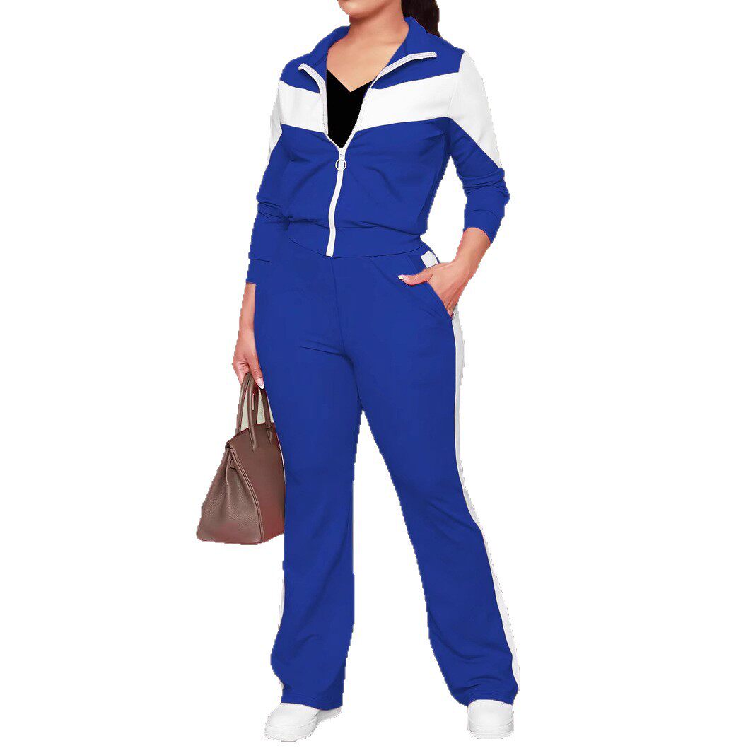 春秋爆款女士套装时尚舒适撞色运动风拉链外套和休闲长裤两件套