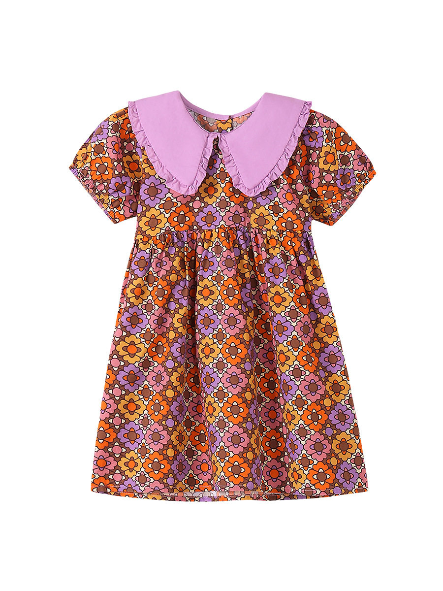 Gaun lengan pendek anak perempuan, gaun katun anak kecil dan menengah, gaun anak musim panas