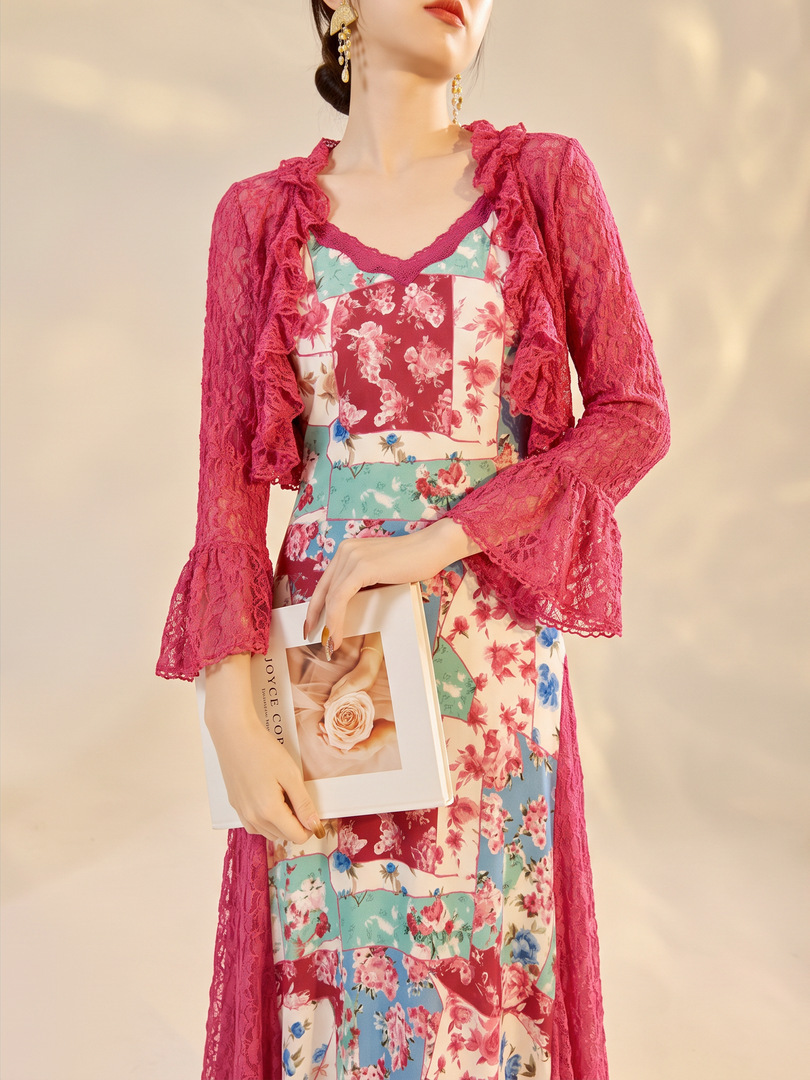 Set áo cardigan ren phối váy hai dây đuôi cá họa tiết hoa — Áo, Váy hai dây, Bộ