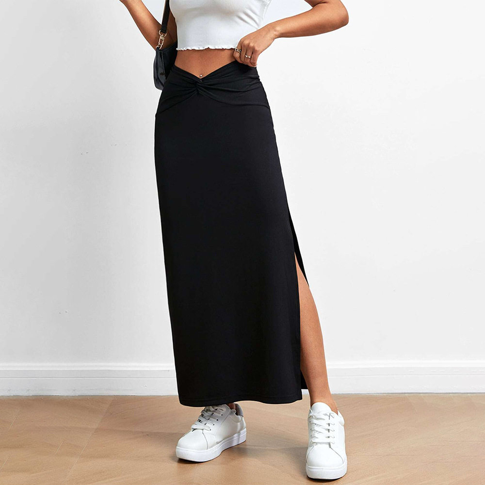 High Waisted Pleated Maxi Skirt Elegant Design Lightweight Fabric Side Slit Spring Summer Fashion Wholesale
