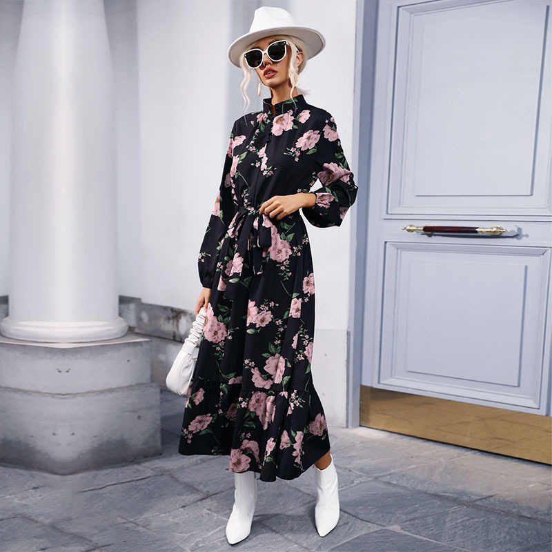 Printed Long Sleeve Maxi Dress High Neck Fashionable Design Autumn Winter Style Wholesale Available