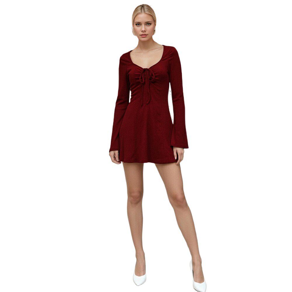 Vintage Red V Neck Tie Waist Slim Fit Long Sleeve Dress Bell Sleeves Retro Style Perfect for Parties Wholesale