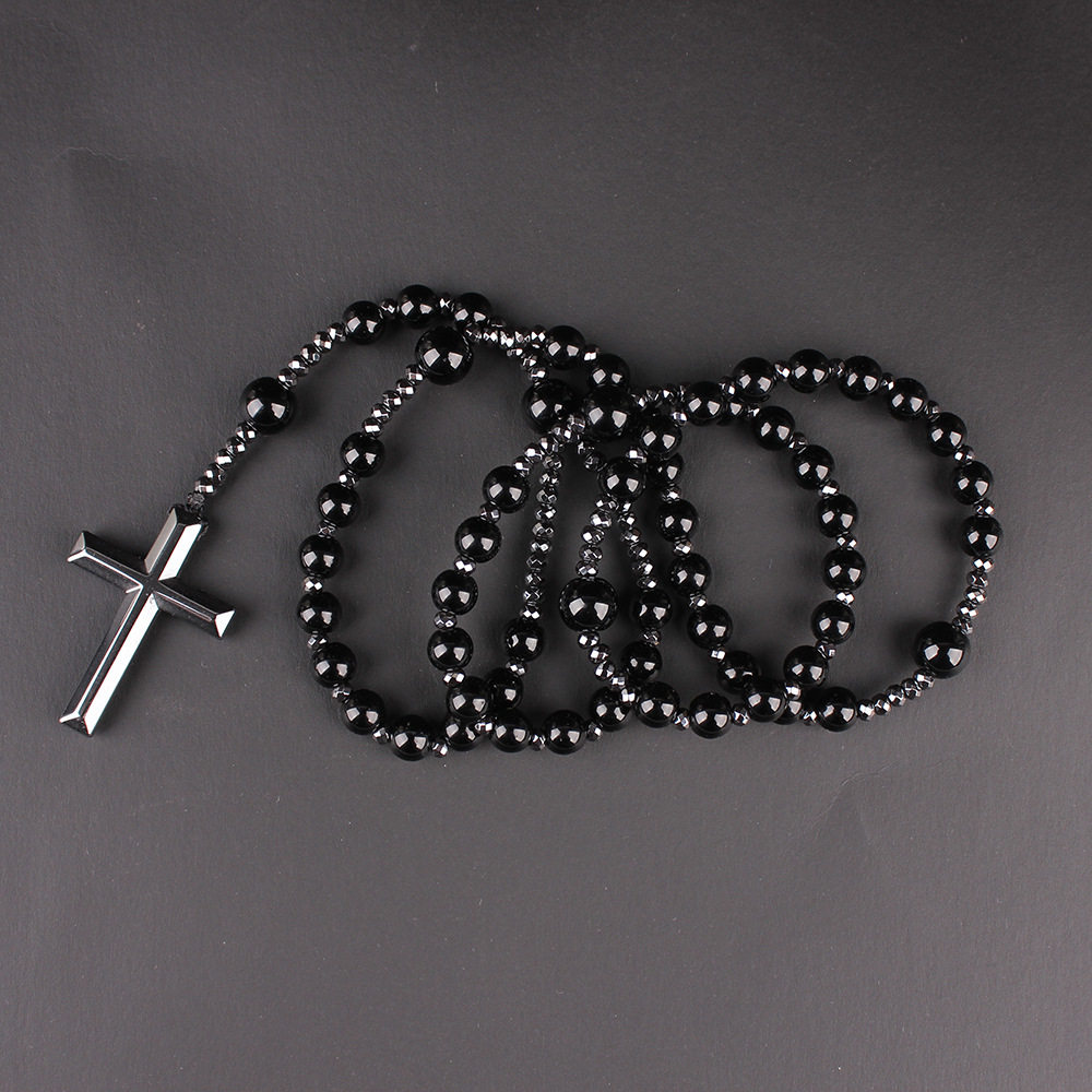 2022 summer new cross-border black natural round beads long chain black stone cross rosary beads men's necklace wholesale