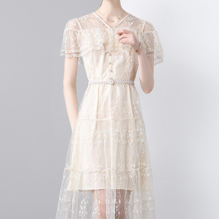 French High End Womens Dress Summer Design Lace Ruffle Trim Waist Defined Elegant Evening Gown Wholesale