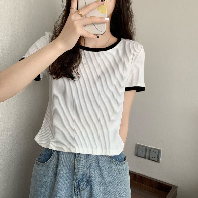 Slim Fit Short Sleeve T Shirt for Women Round Neck Color Block Design Casual Summer Wear