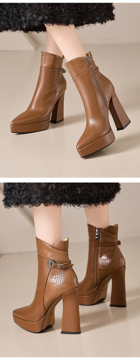 Boot nữ cổ thấp da bò mũi nhọn gót nhọn siêu cao phối khóa kéo bên — màu đen, nâu
