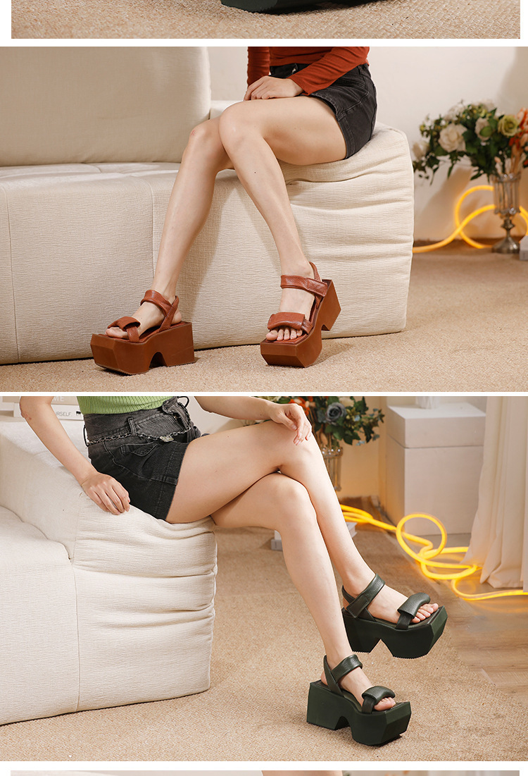 Sandal nữ quai ngang bản rộng đế dày tôn dáng, da bò thật cao cấp — màu đen, Màu nâu, Xanh rêu đậm