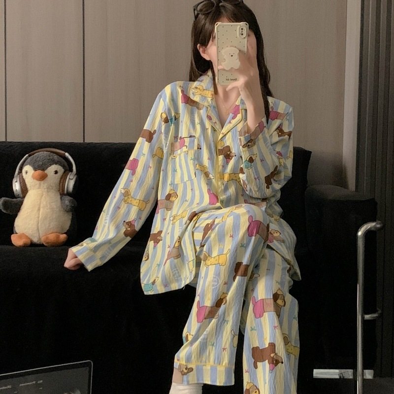 带胸垫大码睡衣女春秋季长袖甜美少女草莓条纹家居服套装现货跨境