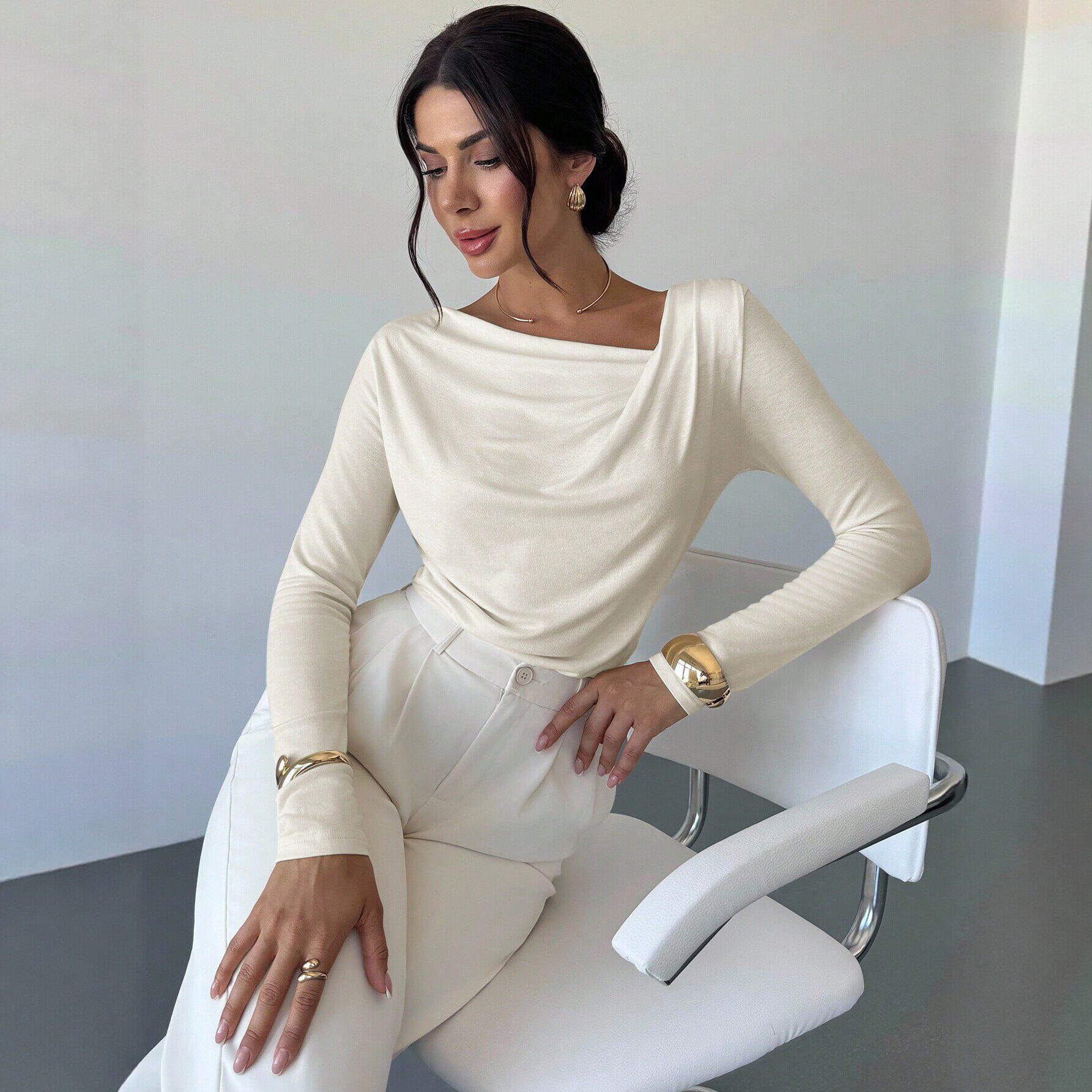 Womens Long Sleeve Asymmetrical Neck Pleated Top Slim Fit Elegant Style Soft Fabric Perfect for Office Wear