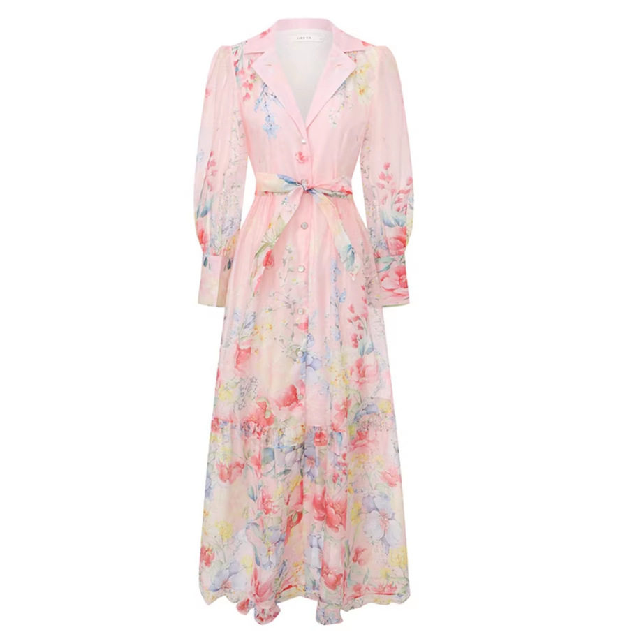 Floral Print Lantern Sleeve Dress Elegant Suit Collar Ruffled Hem Waist Defined Spring Autumn Vacation Wear