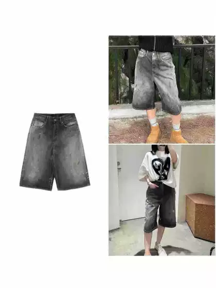 Unisex Retro Washed Black Paint-Splash Straight-Leg Denim Bermuda Shorts Loose Wide-Leg Casual Pants