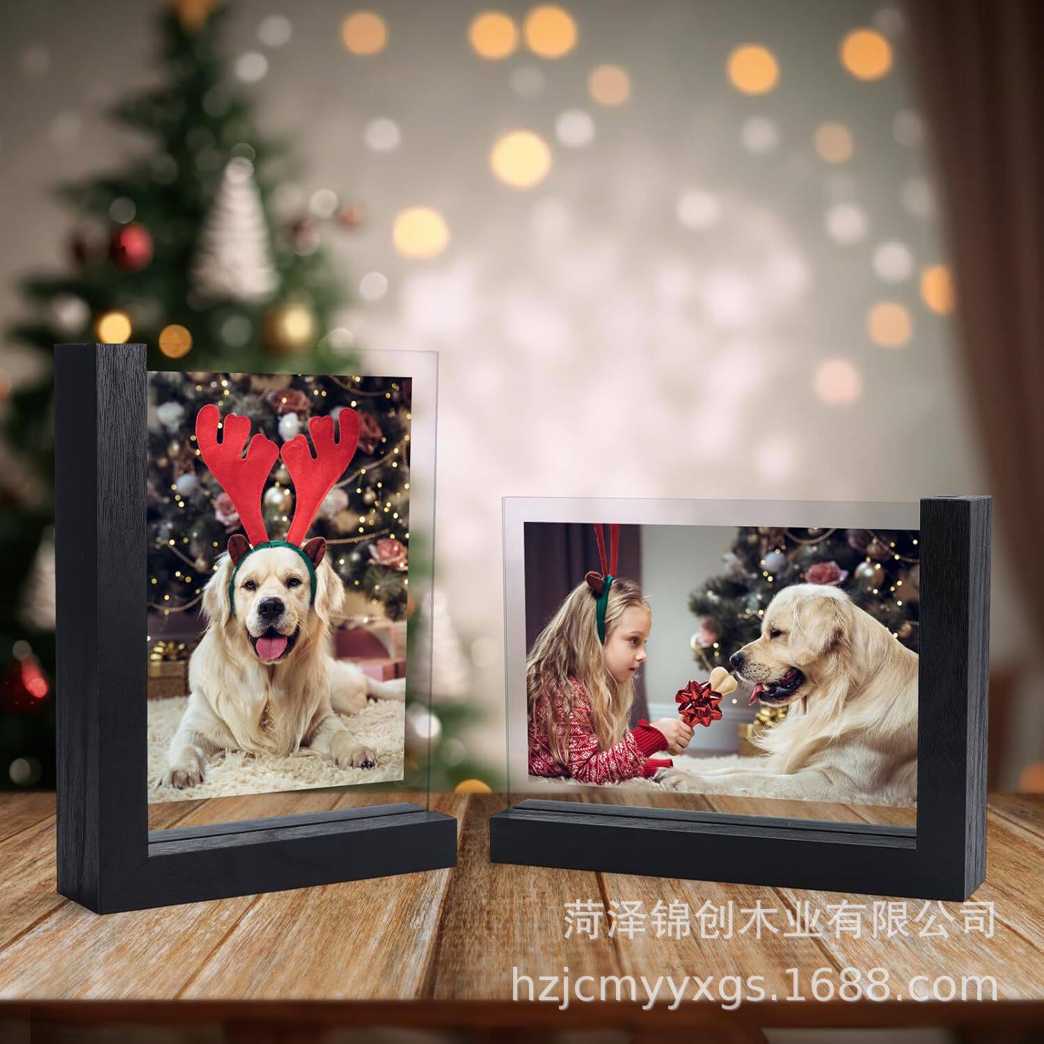 Cross-border wooden photo frame black wooden L-shaped base creative with glass double-sided display photo picture decoration