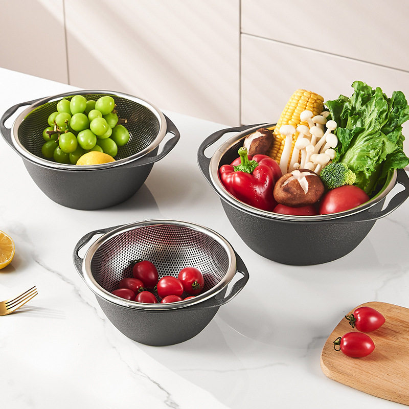 Stainless steel double-layer vegetable washing basin draining basket kitchen washing fruit filter basket drenching water leakage artifact vegetable washing basket rice washing