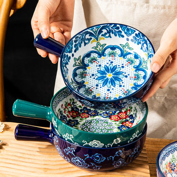 Polish Color Ceramic Handle Bowl Household Tableware Fruit Salad Bowl with Handle Instant Noodle Bowl Oven Baked Rice Baked Bowl
