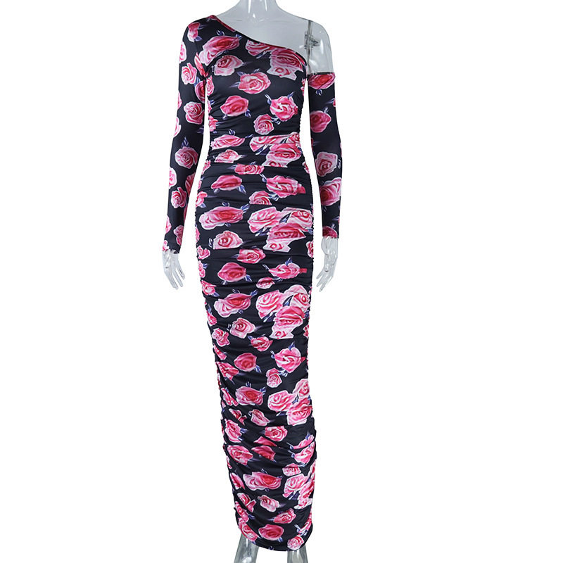 Asymmetrical Shoulder Long Sleeve Bodycon Dress Fashionable Floral Print Ruched Design Mid Length Ideal for Parties