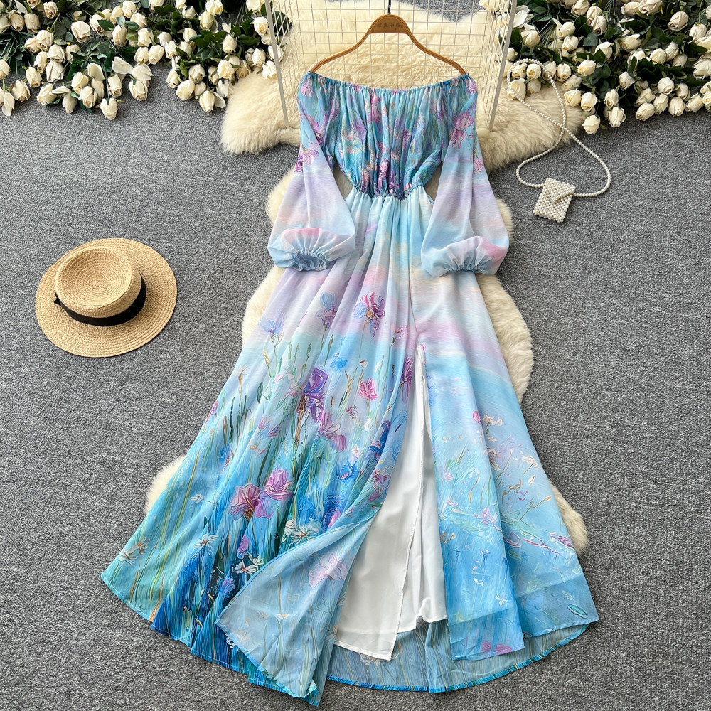 Off Shoulder Floral Dress Lantern Sleeves Waist Defined A Line Spring Fall Style Perfect for Vacations Wholesale