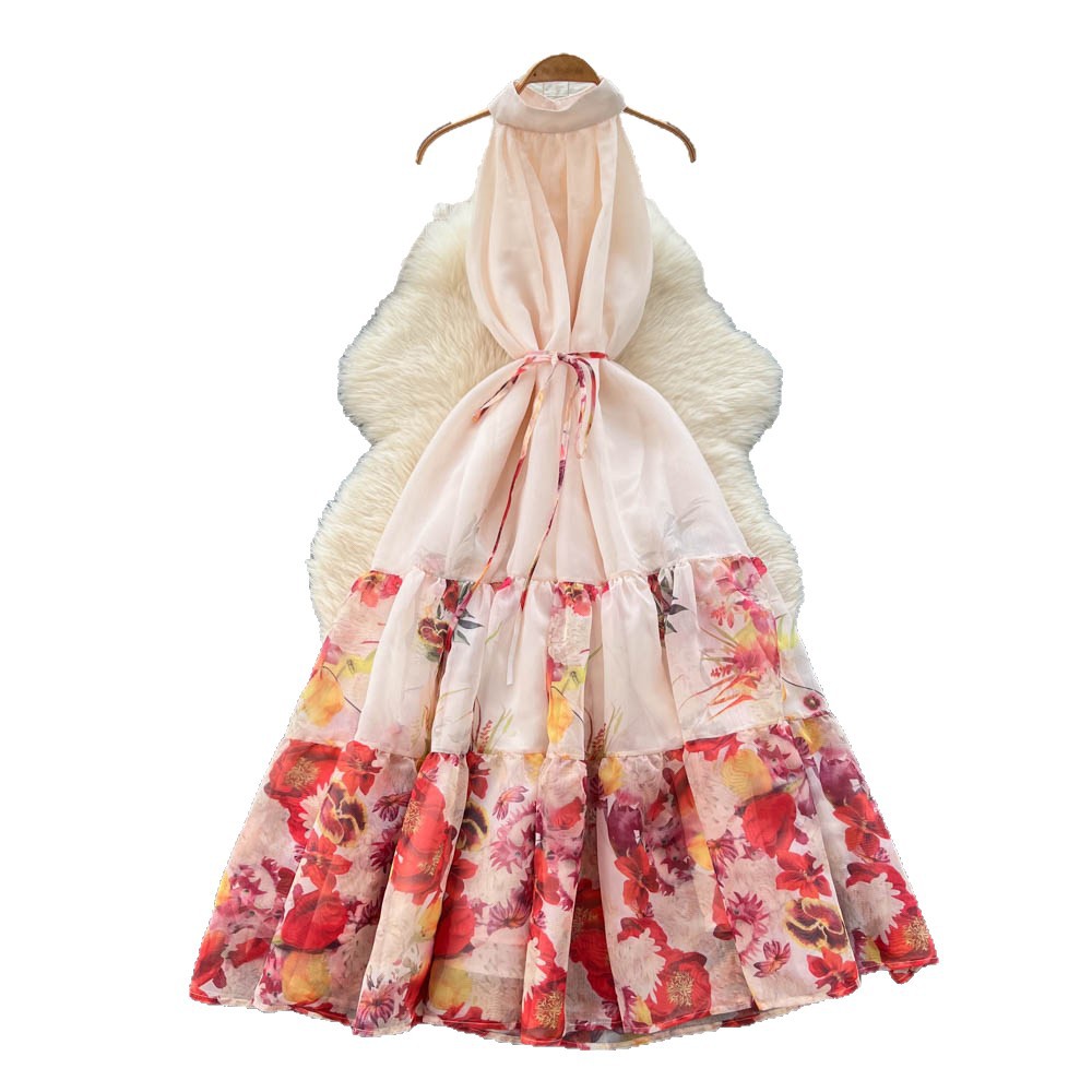 Floral Print Sleeveless Halter Dress High Waist A Line Silhouette Spring Summer Vacation Style Wholesale Available