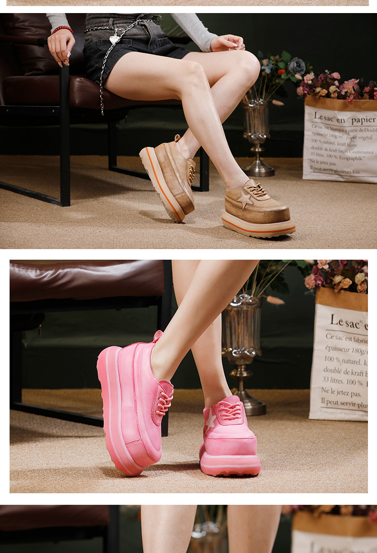 Giày sneaker nữ đế dày cổ thấp mũi tròn dây buộc — Màu hồng, Màu kaki