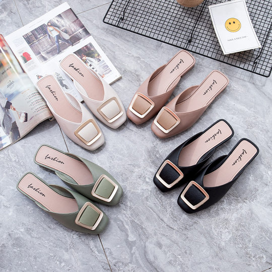 2021 fashion new online celebrity loafers square buckle pvc plastic half-pack shoes flat half slippers women's shoes summer wholesale