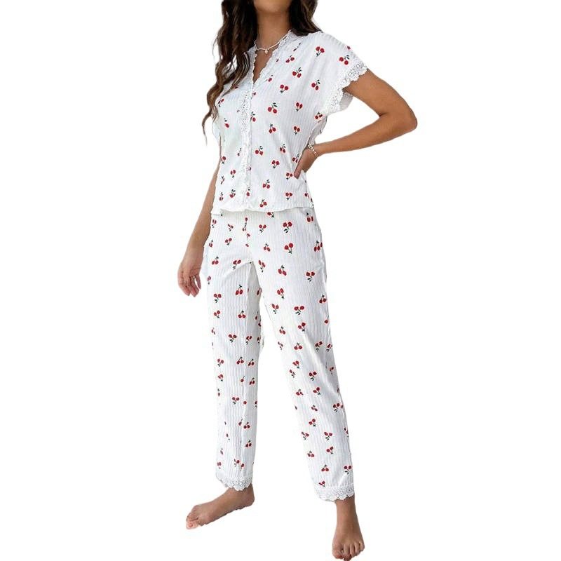 欧美跨境热销家居服樱桃印花短袖翻领睡衣女可外穿长裤两件套套装