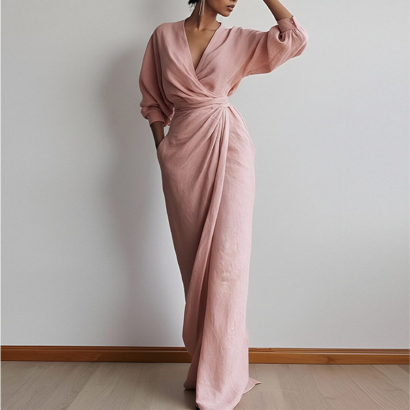 Womens Spring V Neck Long Dress Elegant Solid Color Waist Defining Fashionable Perfect for Casual or Formal