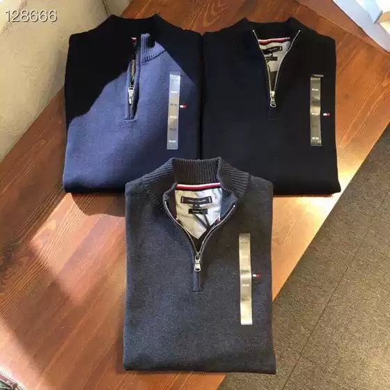 In-Stock Foreign Trade Autumn and Winter Tommy Men's Casual Half-Zip Embroidered Turtleneck Pullover Knit Sweater 1