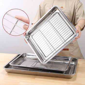 Stainless steel square plate with net oil control rack commercial tray water filter oil filter plate cooked food display plate barbecue spreading plate