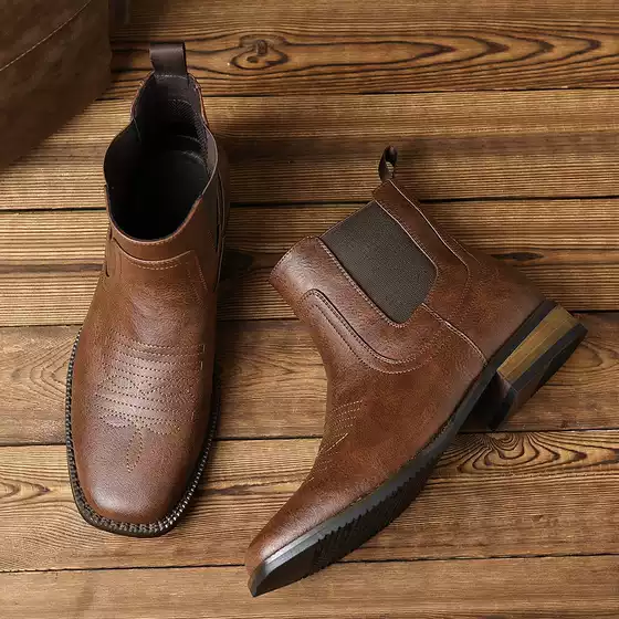 Men's Plus Size Vintage Embroidered Western Cowboy Boots Low-Top Square Toe Block Heel Chelsea Boots