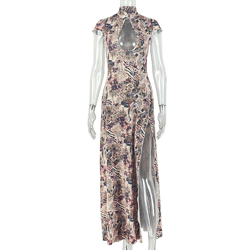 Fashionable Floral Print High Neck Sleeveless Long Dress Slim Fit Sexy Bodycon Style Perfect for Parties or Evening