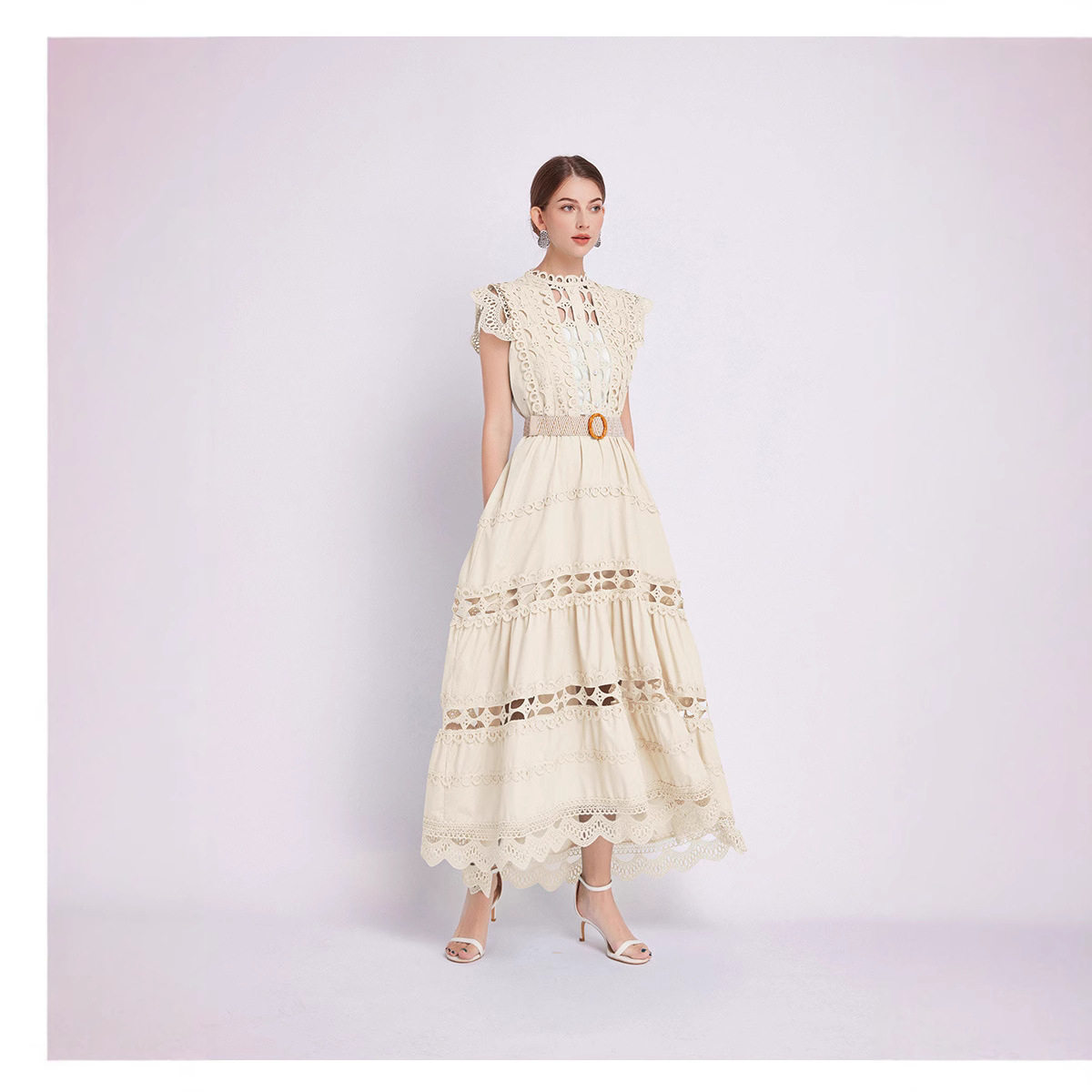 Elegant Sleeveless Dress French Style High Quality Lace Hollow Embroidery Waist Defining Perfect for Formal
