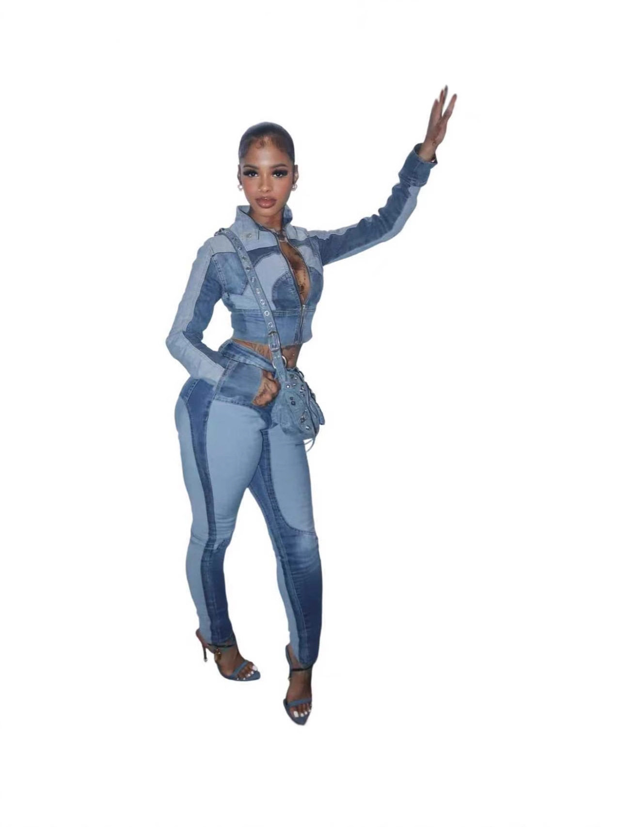 Ny8196 Amazon European and American Fashion Sexy High-Elastic Stitching Contrasting Washed Denim Casual Suit Two-Piece Set