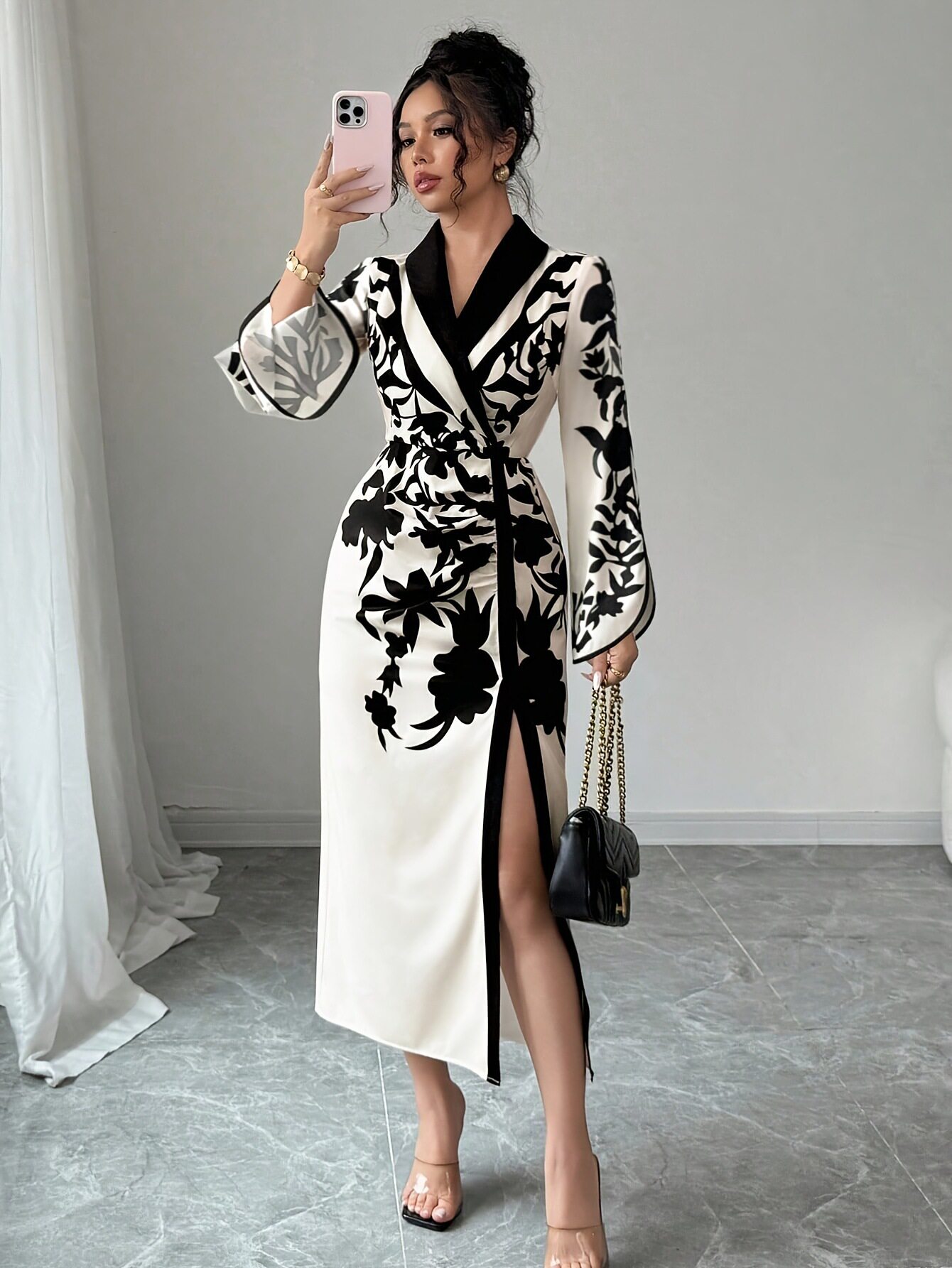 Women's Elegant Floral Print Cross Neck Slit Long Dress