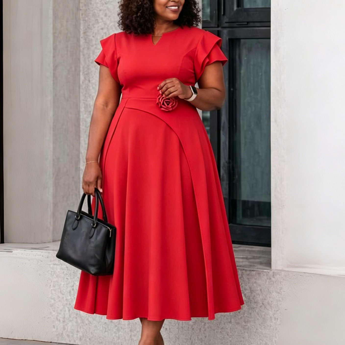 Plus Size Elegant Midi Dress High Waist Flared Skirt African Print Summer Fashion for Women Wholesale Available
