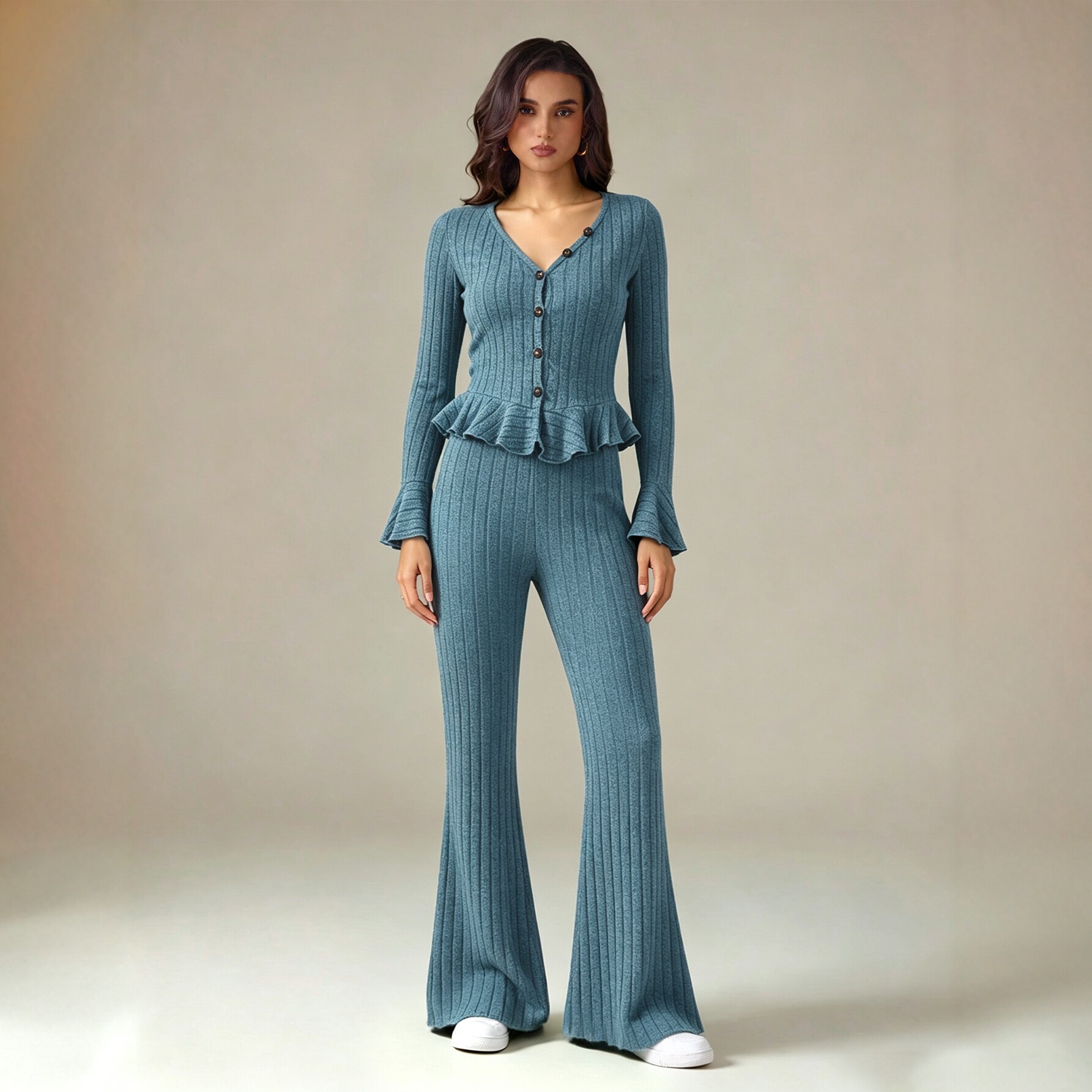 Knitted Two Piece Set Flared Sleeve Top with Ruffle Hem Fitted Waist and Slightly Flared Pants Perfect for Casual or