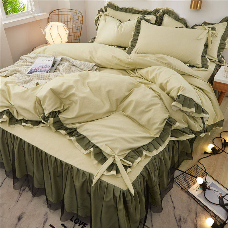 Lace Bed Skirt Four-piece Set Solid Color Girl's Bed Skirt Bed Cover Princess Wind Bed Quilt Cover Three-piece Set Sanding