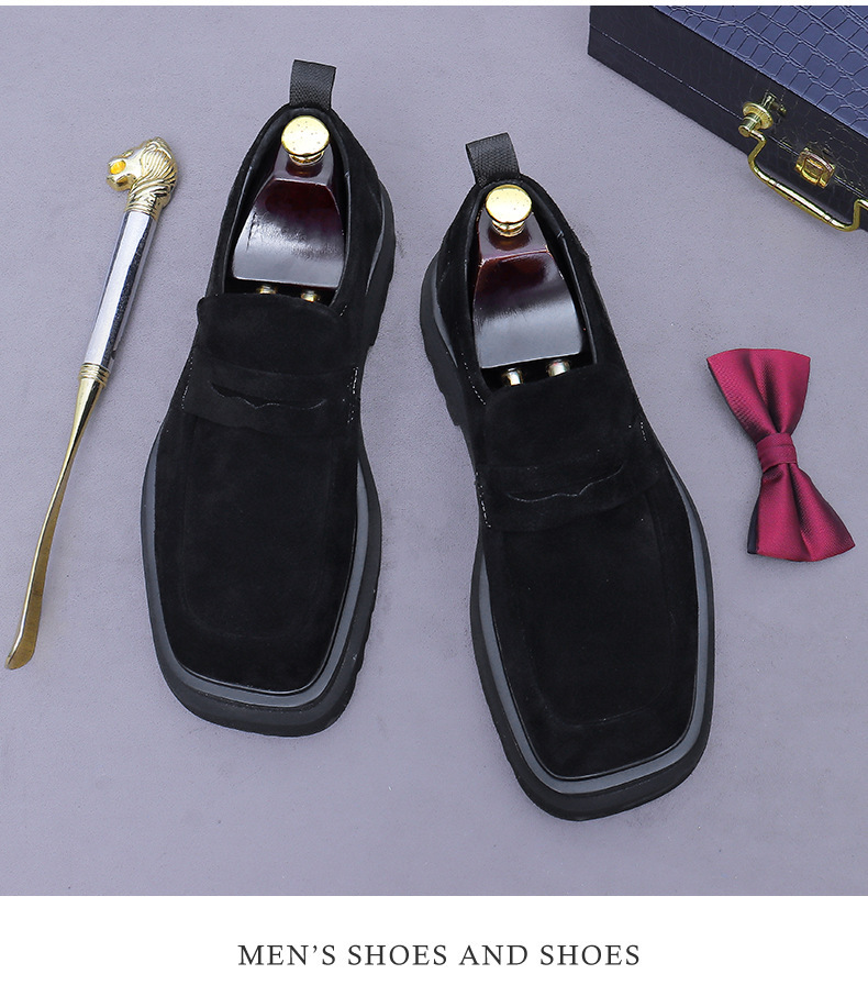 Giày loafer nam da bò lộn đế dày mũi vuông phong cách công sở — đen, màu nâu mocha