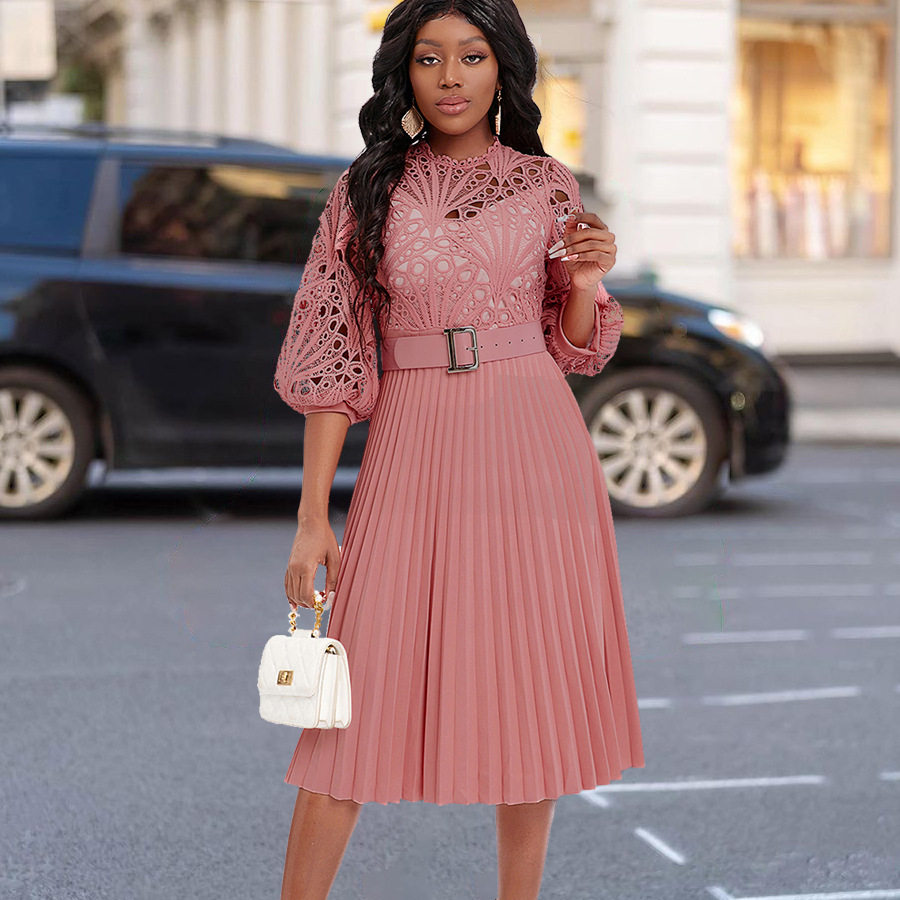 Plus Size Womens Lace Panel Pleated Hollow Out Dress Elegant Design Summer Style African Fashion Wholesale Available