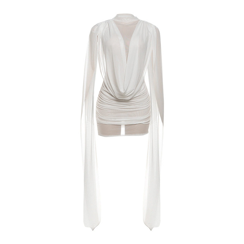 Fashionable Womens Bodycon Dress Sheer Mesh Ruffled Design Stylish Tie Details Perfect for Autumn and Winter