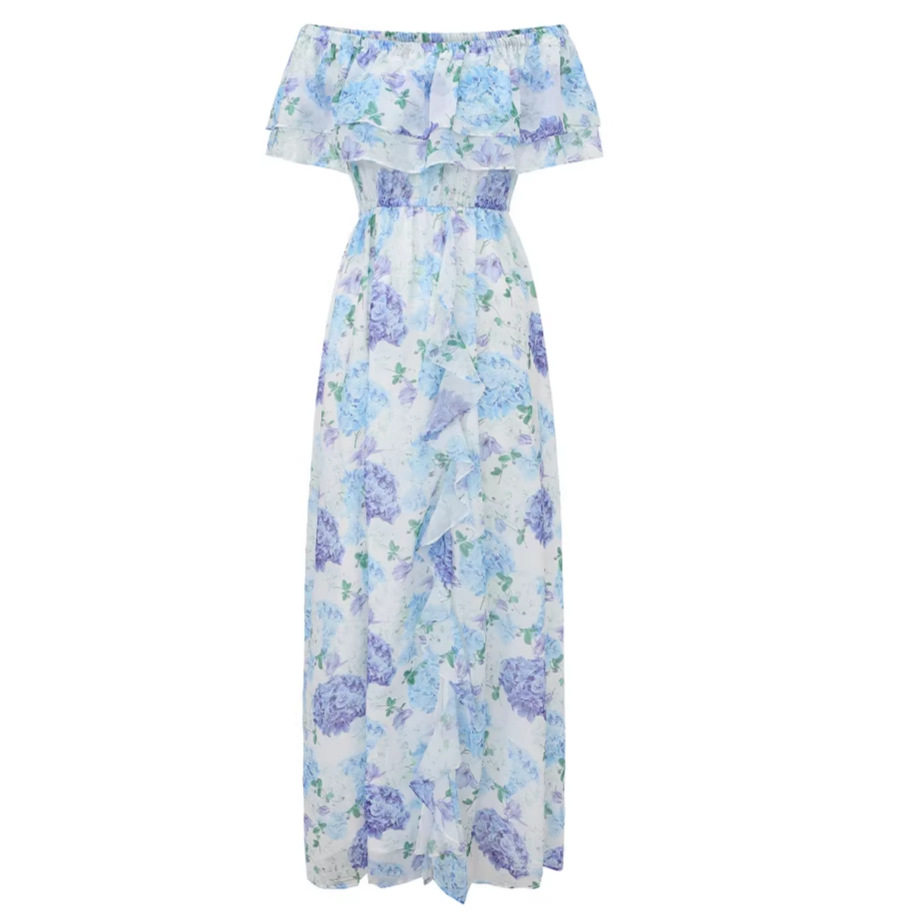 Off Shoulder Ruffle Maxi Dress Floral Print Sweetheart Neckline Fitted Waist Flowy Skirt Spring Fall Casual Wear