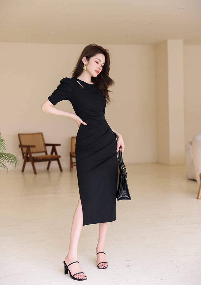 Váy Ôm Body Nữ Tay Lỡ Thiết Kế Xẻ Tà Dáng Dài Màu Đen chi tiết 10