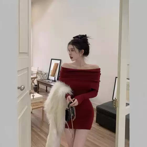 Autumn and winter 2024 new off-shoulder red knitted inner dress sexy hot girl hip dress