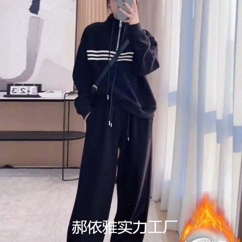 Plus Size Slimming Set Winter New Age-Reducing Fashion Sweatshirt Women's Fleece Thickened Casual Pants Two-Piece Set