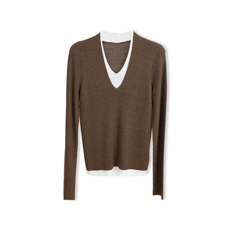 秋冬100%美丽诺羊毛假两件V领针织衫 撞色叠穿打底衫长袖套头上衣